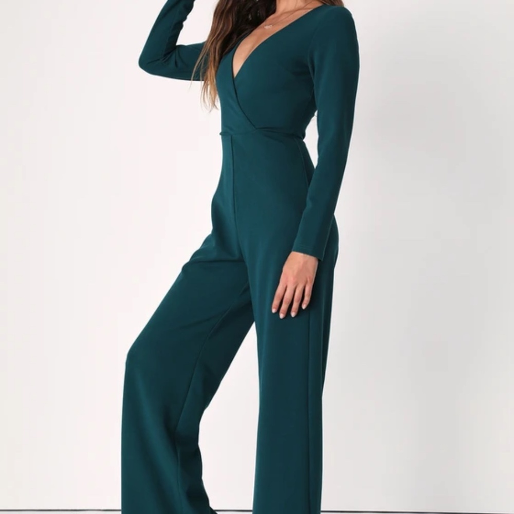 Lulus Utterly Chic Emerald Green Long Sleeve Wide-Leg Jumpsuit